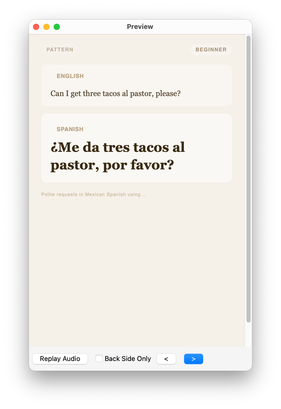 Baraja flashcard preview — ¿Me da tres tacos al pastor, por favor?